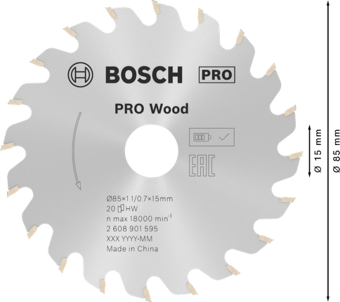 Hoja de sierra circular Bosch PRO Wood de 85 mm para cortes finos en madera.